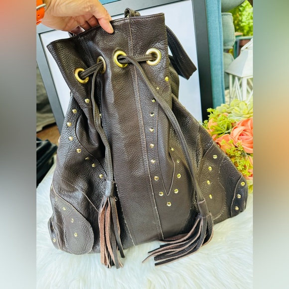 Bulga Brown Leather Drawstring Bag - Picture 3 of 11